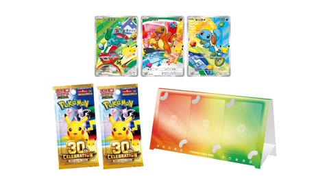 Official contents image of the 30th CELEBRATION card set: three holo starter promos, two 30th CELEBRATION packs and a paper card stand