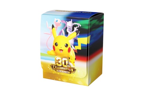 Deck Case 30th CELEBRATION, a box-style deck case showing Pikachu with Mew and Mewtwo behind it and the 30th CELEBRATION logo on the flap