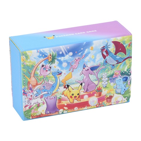 Flip Double Deck Case Minna de Oiwai, a wide flip-top deck case printed with a crowd of Pokémon including Pikachu, Espeon, Mew and Nidorina