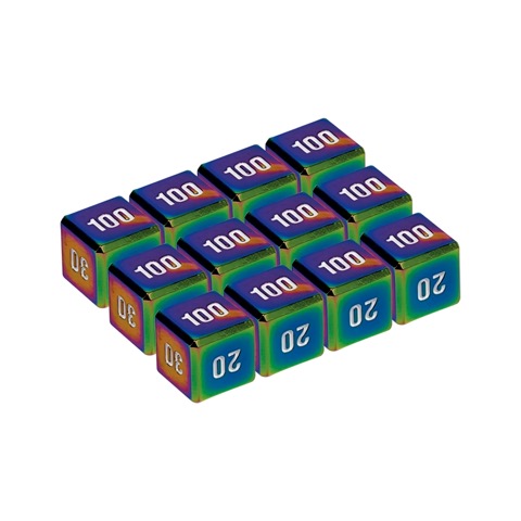 Official image of the twelve zinc-alloy metal damage-counter dice included in the Japanese 30th CELEBRATION FUTURISTIC BOX, showing 100, 30 and 20 faces