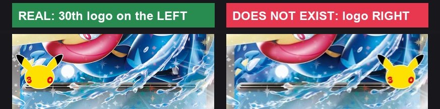 Close-up of the promo Greninja ex 151/M-P just below the artwork: on the real card the Pikachu-ears 30th logo sits at the left edge, while the pre-correction official image put it at the right edge