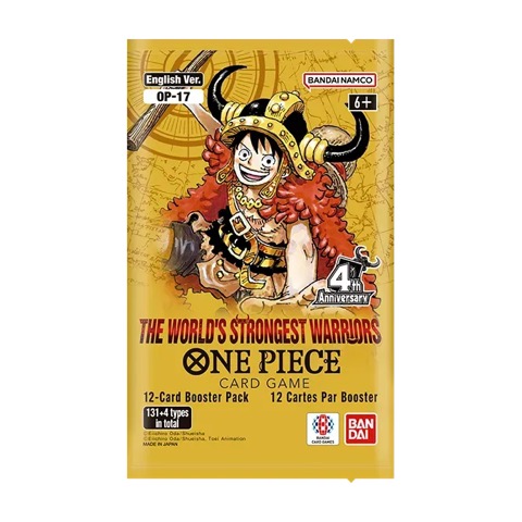 Official English OP-17 booster pack artwork, showing Luffy in Elbaf gear with the printed line 12-Card Booster Pack
